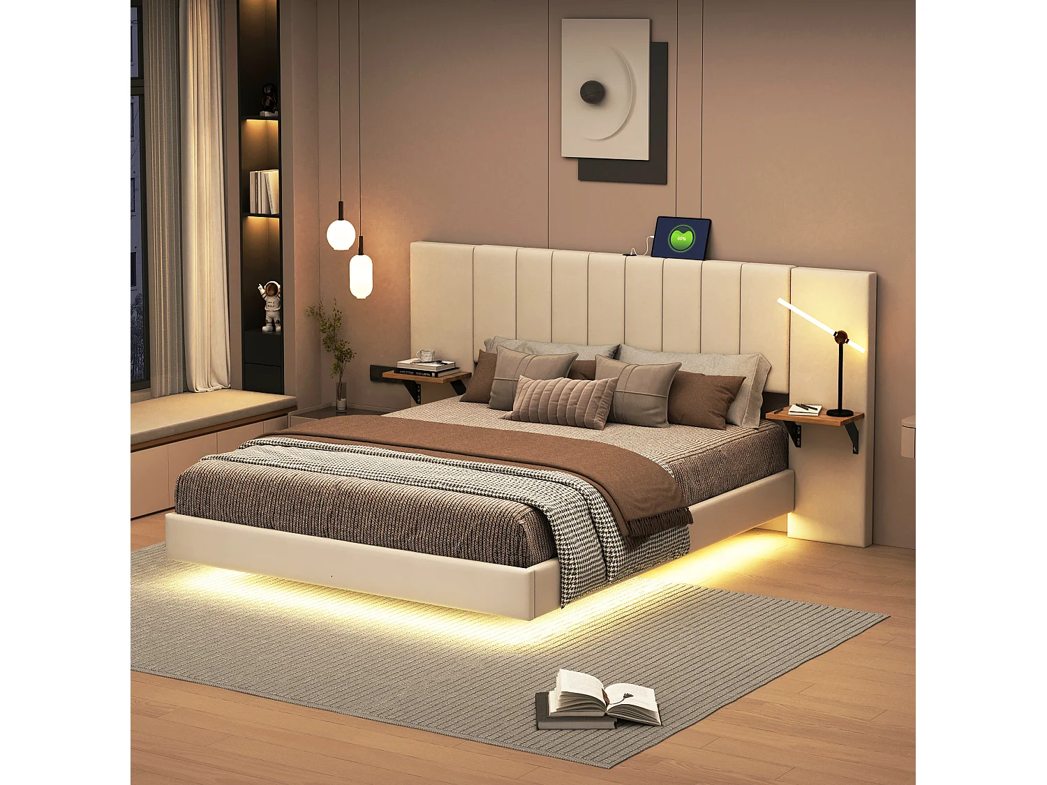 Lit capitonné 140 x 200 cm avec tête de lit allongée et étagères latérales - Prise USB et LEDs - Tissu en lin - Beige