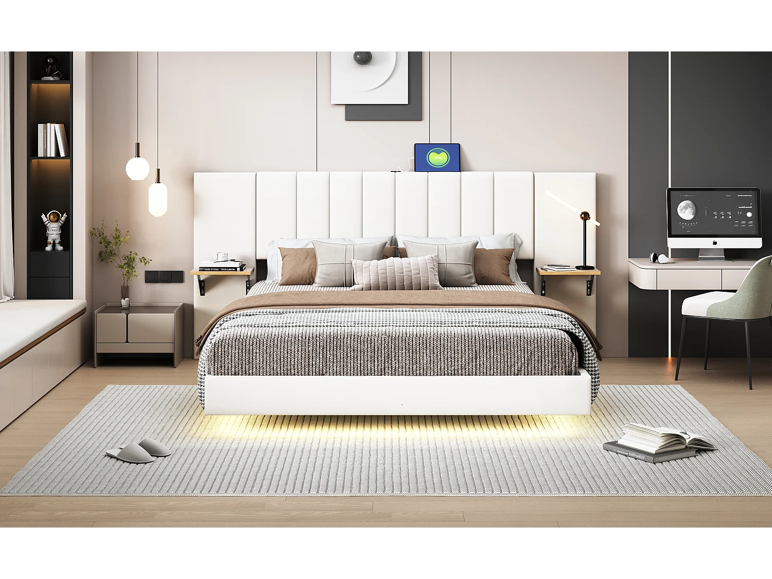 Lit capitonné 140 x 200 cm avec tête de lit allongée et étagères latérales - Prise USB et LEDs - Tissu en lin - Beige