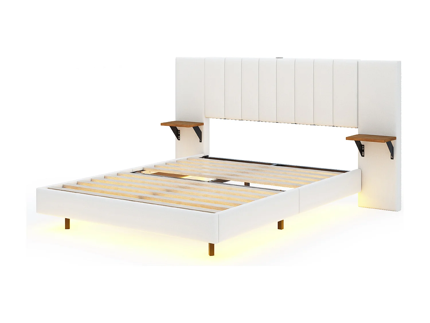Lit capitonné 140 x 200 cm avec tête de lit allongée et étagères latérales - Prise USB et LEDs - Tissu en lin - Beige