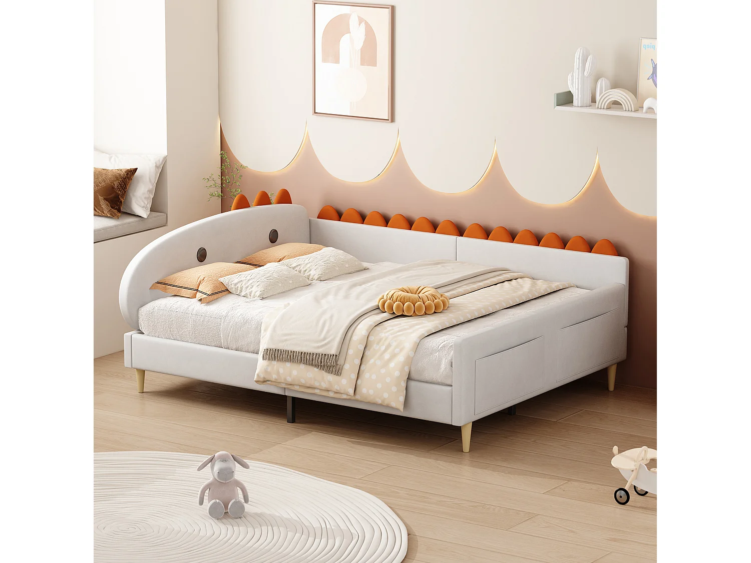 Gestoffeerd bed 140 x 200 cm met dinosaurusvormig hoofdeinde - stof fluweel - beige