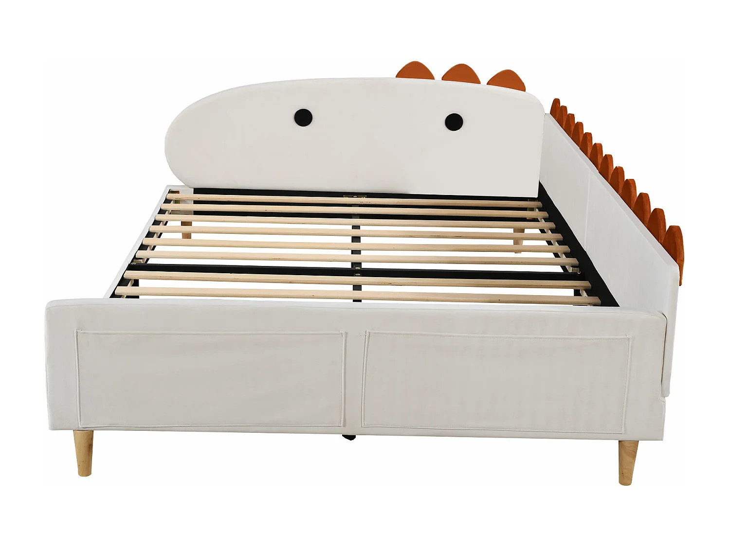 Gestoffeerd bed 140 x 200 cm met dinosaurusvormig hoofdeinde - stof fluweel - beige