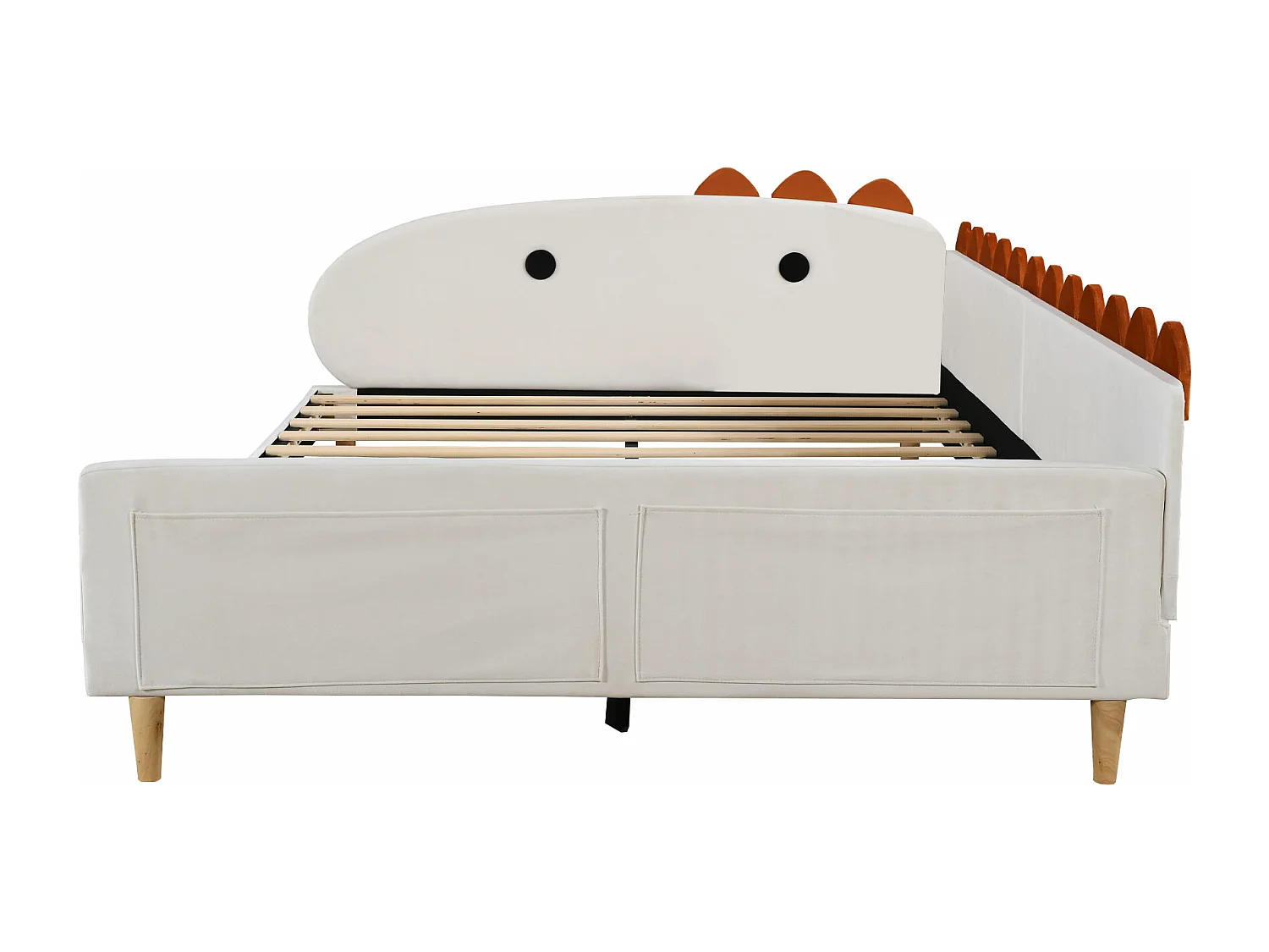 Gestoffeerd bed 140 x 200 cm met dinosaurusvormig hoofdeinde - stof fluweel - beige
