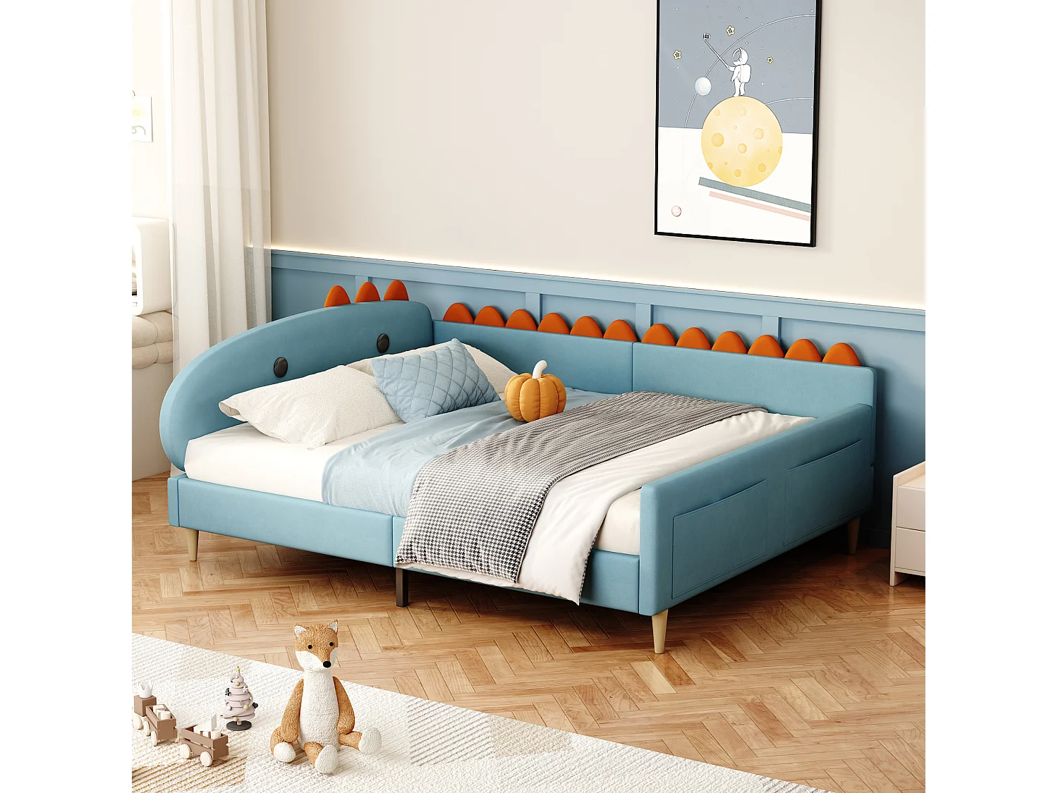 Lit capitonné 140 x 200 cm avec tête de lit en forme dinosaure - tissu velours - bleu