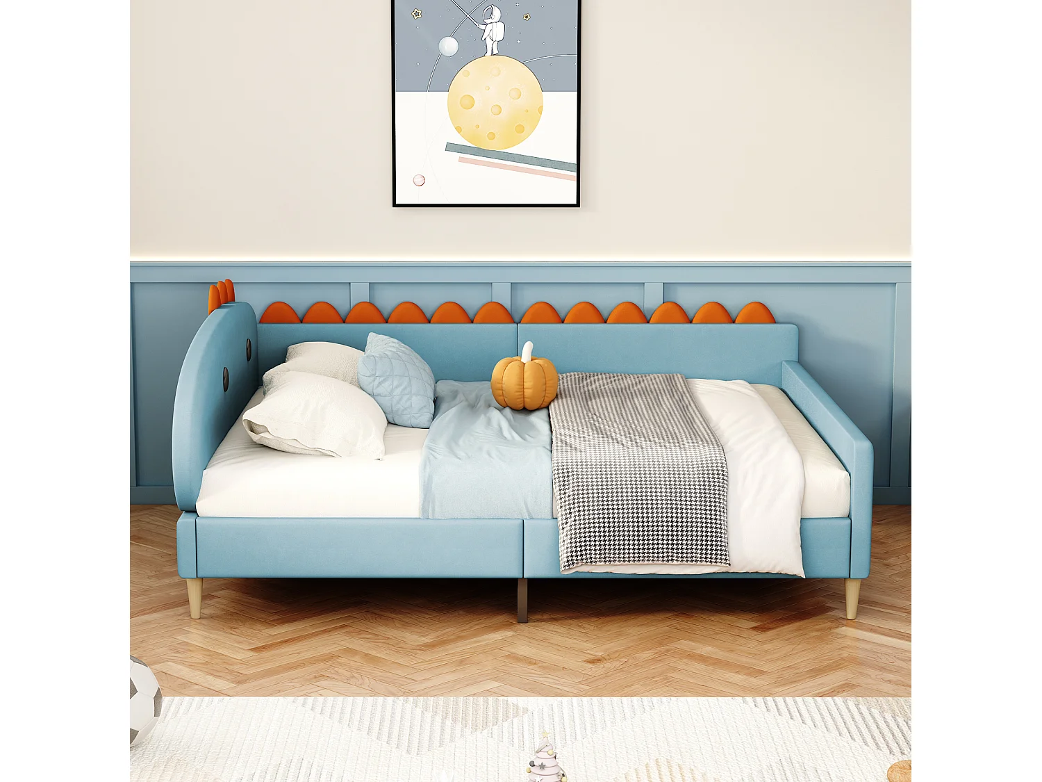 Lit capitonné 140 x 200 cm avec tête de lit en forme dinosaure - tissu velours - bleu