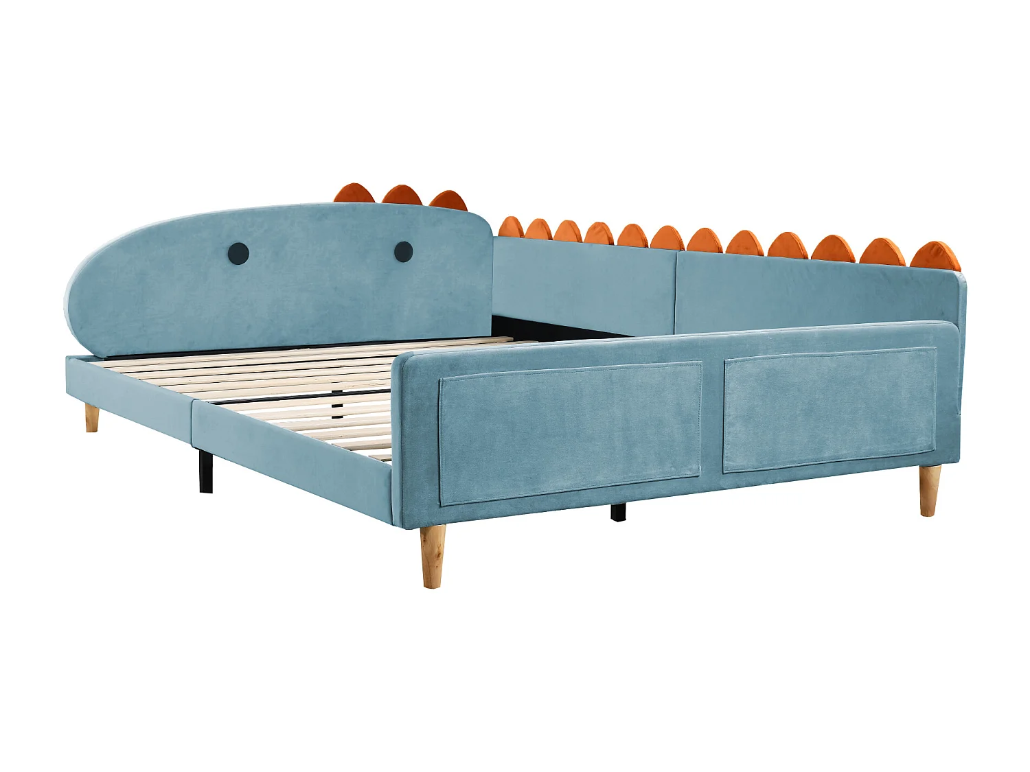 Lit capitonné 140 x 200 cm avec tête de lit en forme dinosaure - tissu velours - bleu