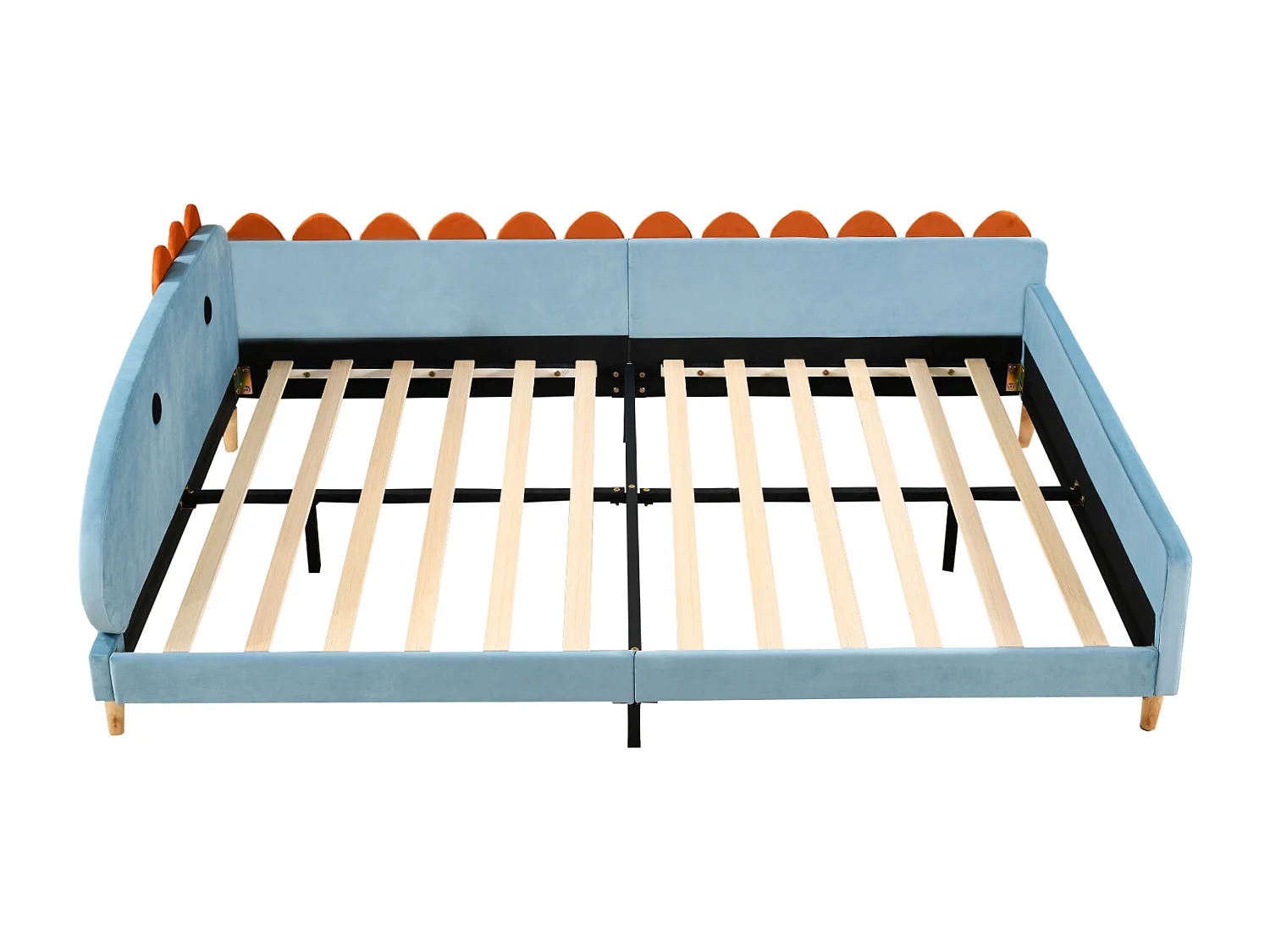 Lit capitonné 140 x 200 cm avec tête de lit en forme dinosaure - tissu velours - bleu