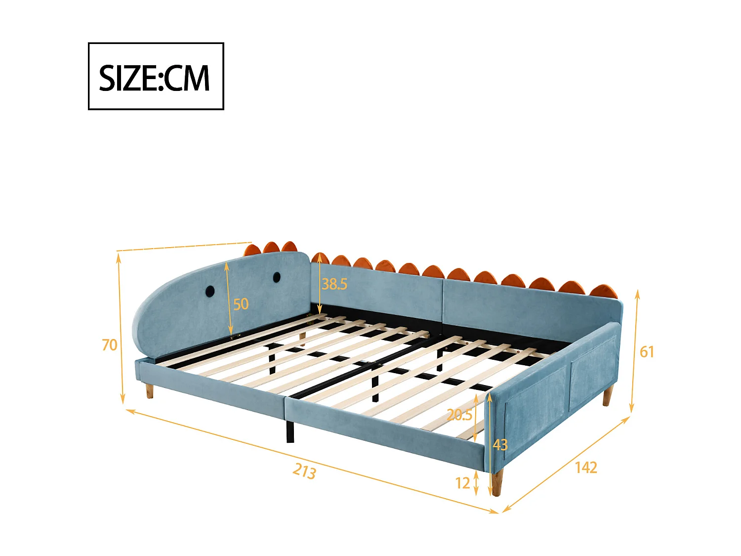 Lit capitonné 140 x 200 cm avec tête de lit en forme dinosaure - tissu velours - bleu