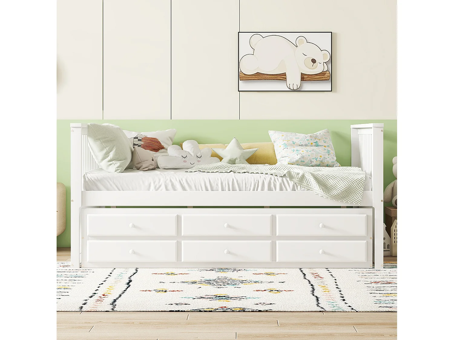 Onderschuifbed 140 x 200 cm + 90 x 190 cm met 3 laden - grenenhout + MDF - wit