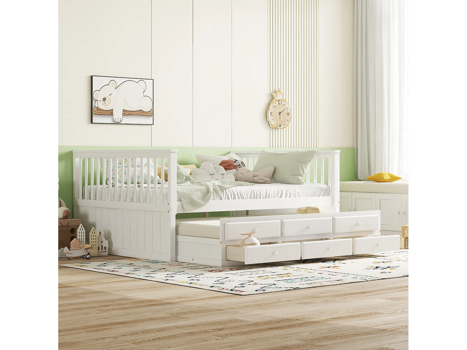 Onderschuifbed 140 x 200 cm + 90 x 190 cm met 3 laden - grenenhout + MDF - wit