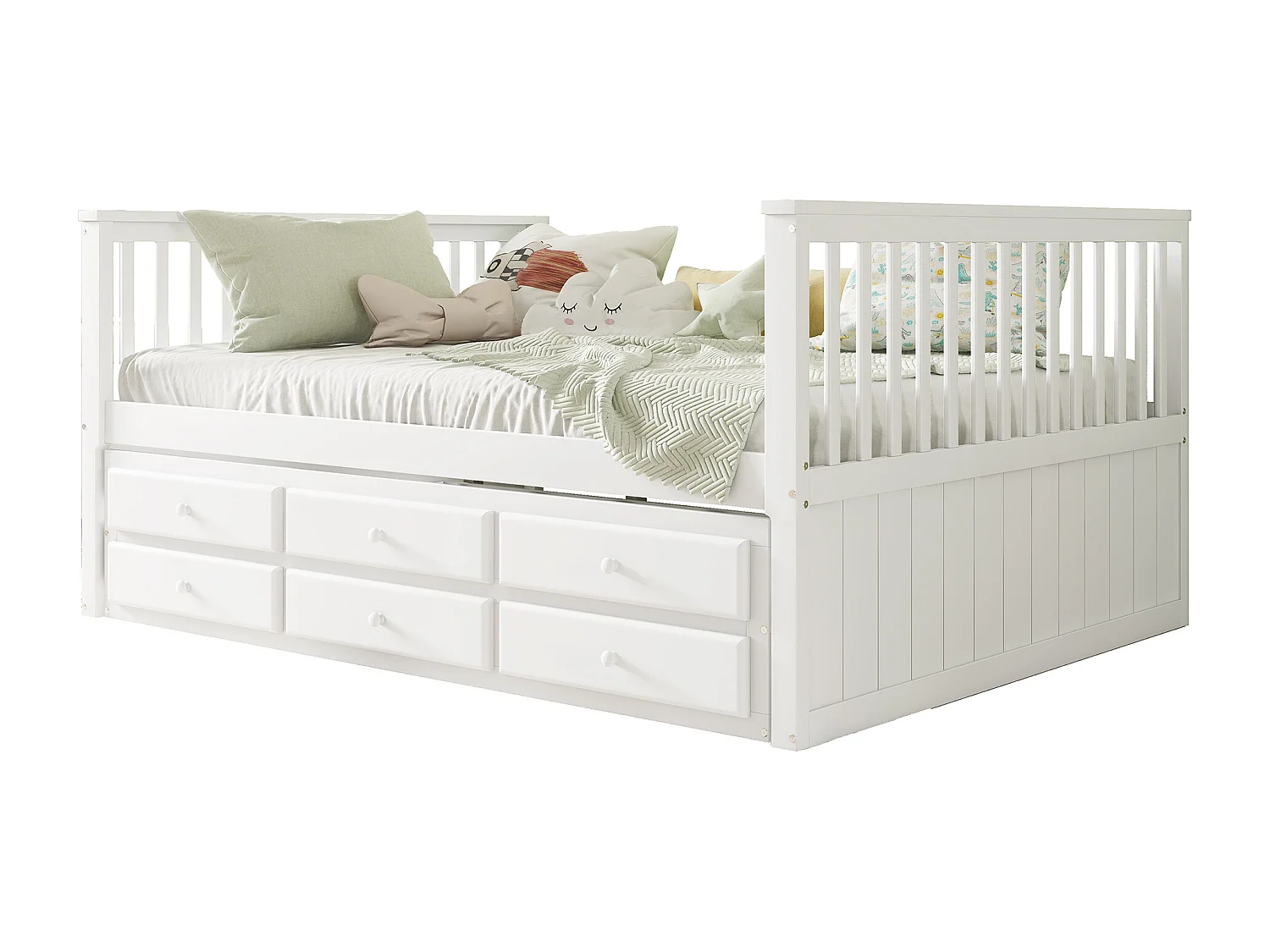 Onderschuifbed 140 x 200 cm + 90 x 190 cm met 3 laden - grenenhout + MDF - wit