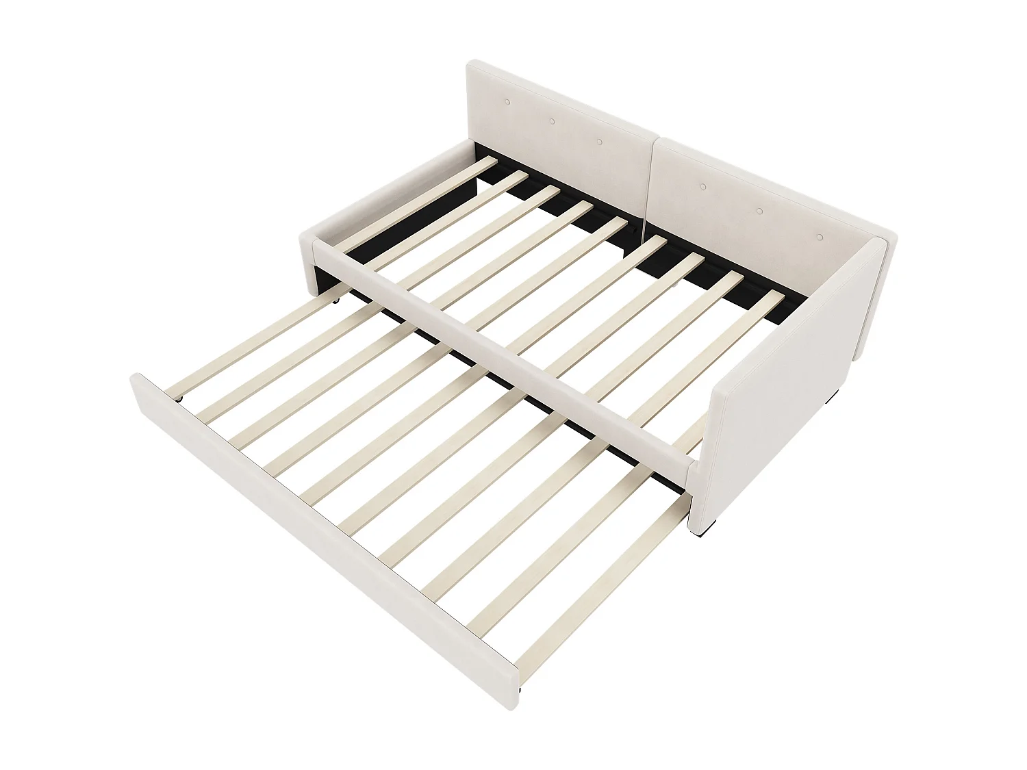 Cama de rodízio - 90 x 200 cm + 90 x 190 cm - com cabeceira - veludo - bege