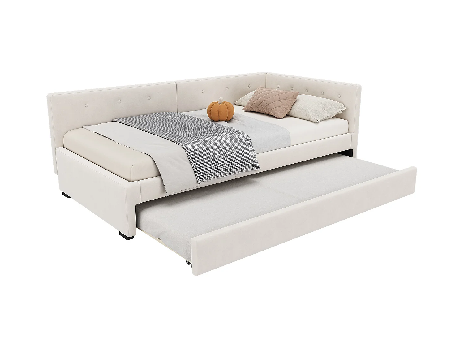 Ausziehbett - 90 x 200 cm + 90 x 190 cm - mit Kopfteil - Samt - beige