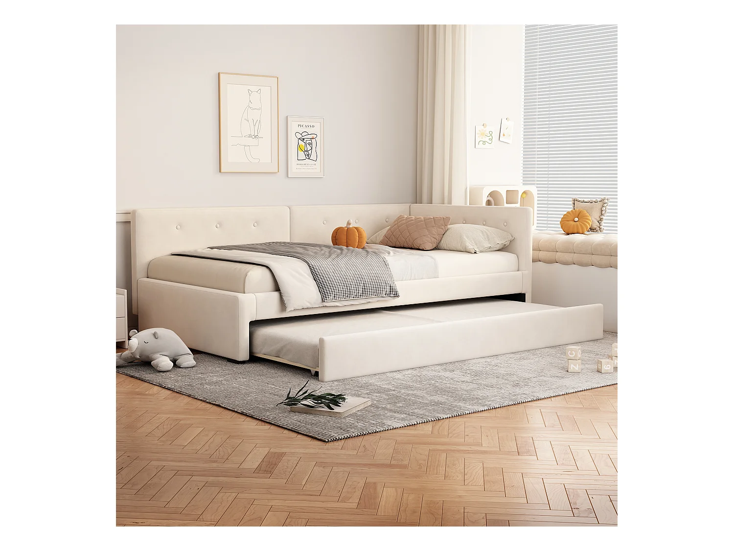 Ausziehbett - 90 x 200 cm + 90 x 190 cm - mit Kopfteil - Samt - beige