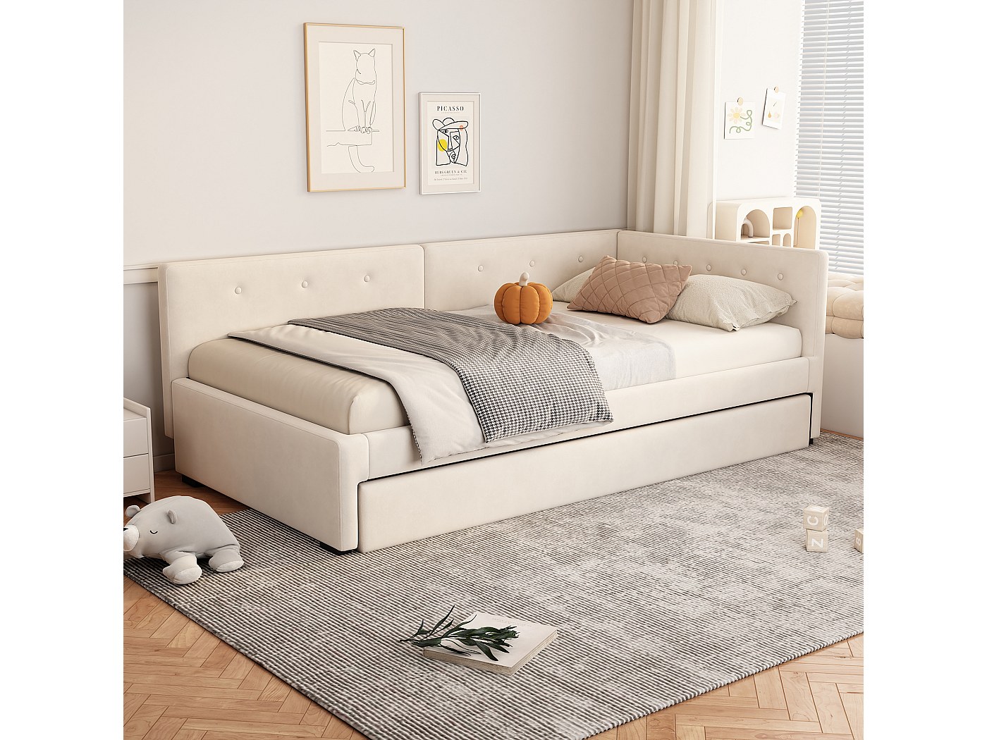 Divano Letto Estraibile 90x200cm Con Porta USB - Beige In Lino E MDF Per Ospiti E Spazi Piccoli - Foto 2