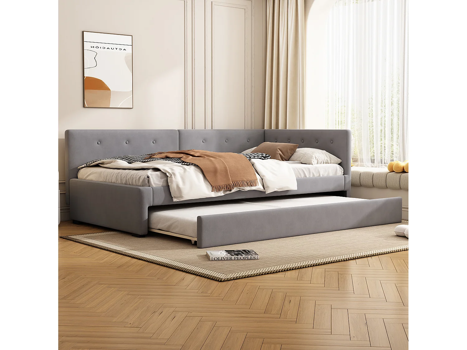 Divano letto estraibile - 90 x 200 cm + 90 x 190 cm - con testiera - velluto - grigio