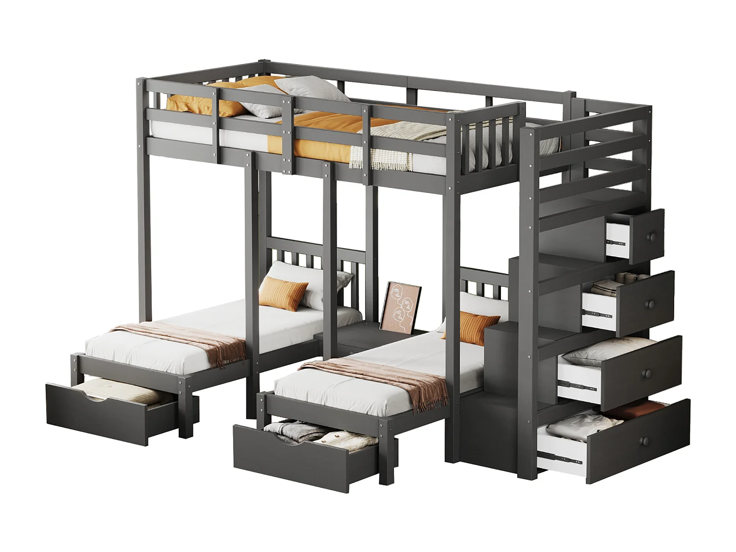 Driedubbele stapelbedden 90 x 200 cm + 2 x 70 x 140 cm met 5 laden, nachtkastje en trap - Massief hout en MDF - Grijs