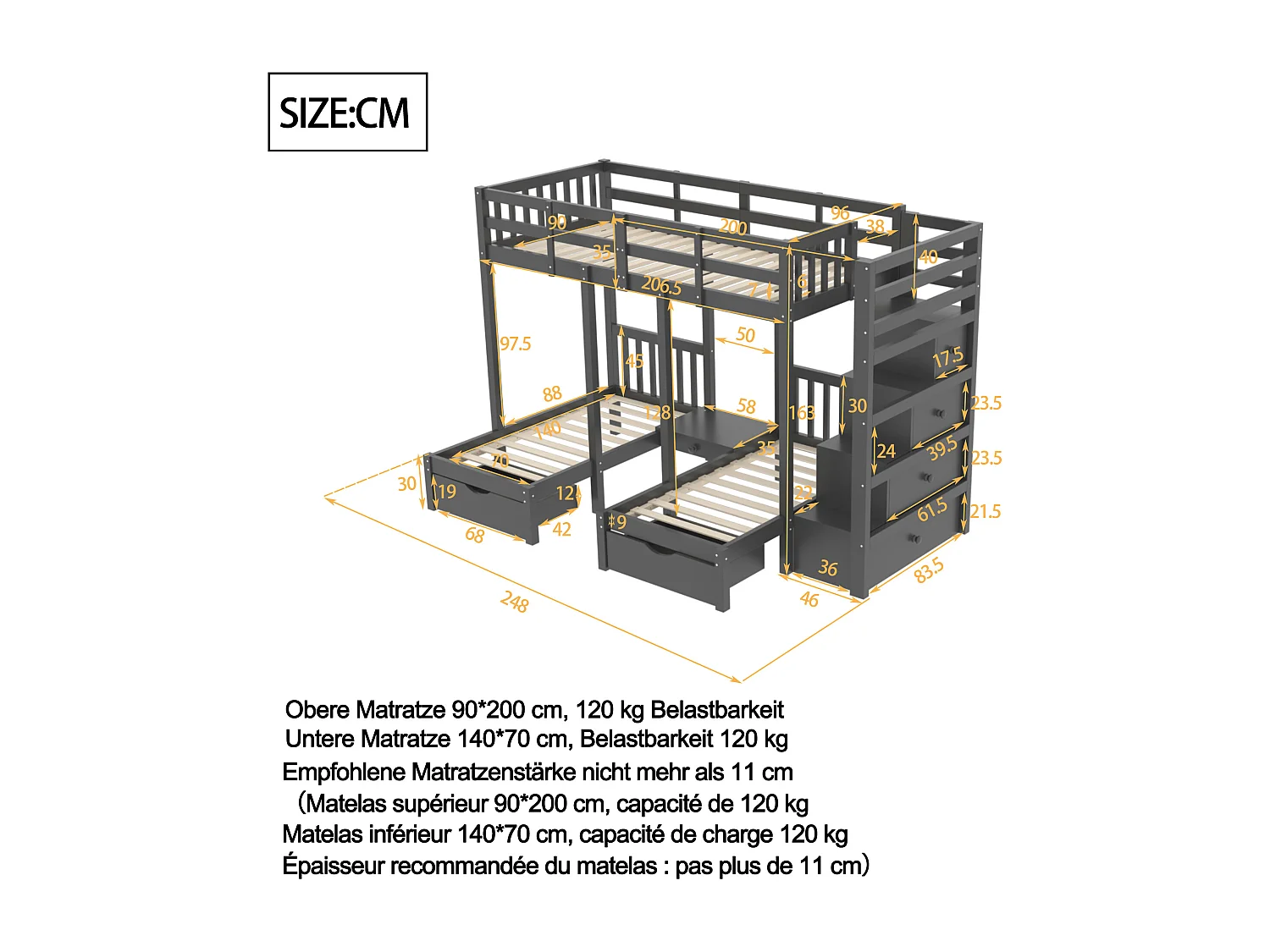 Driedubbele stapelbedden 90 x 200 cm + 2 x 70 x 140 cm met 5 laden, nachtkastje en trap - Massief hout en MDF - Grijs