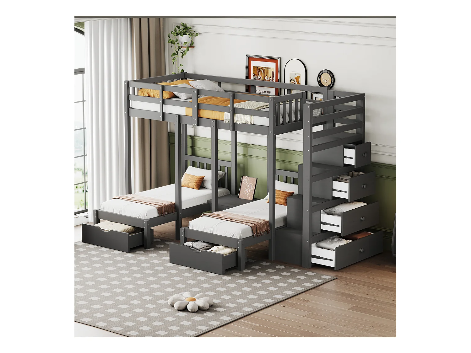 Driedubbele stapelbedden 90 x 200 cm + 2 x 70 x 140 cm met 5 laden, nachtkastje en trap - Massief hout en MDF - Grijs