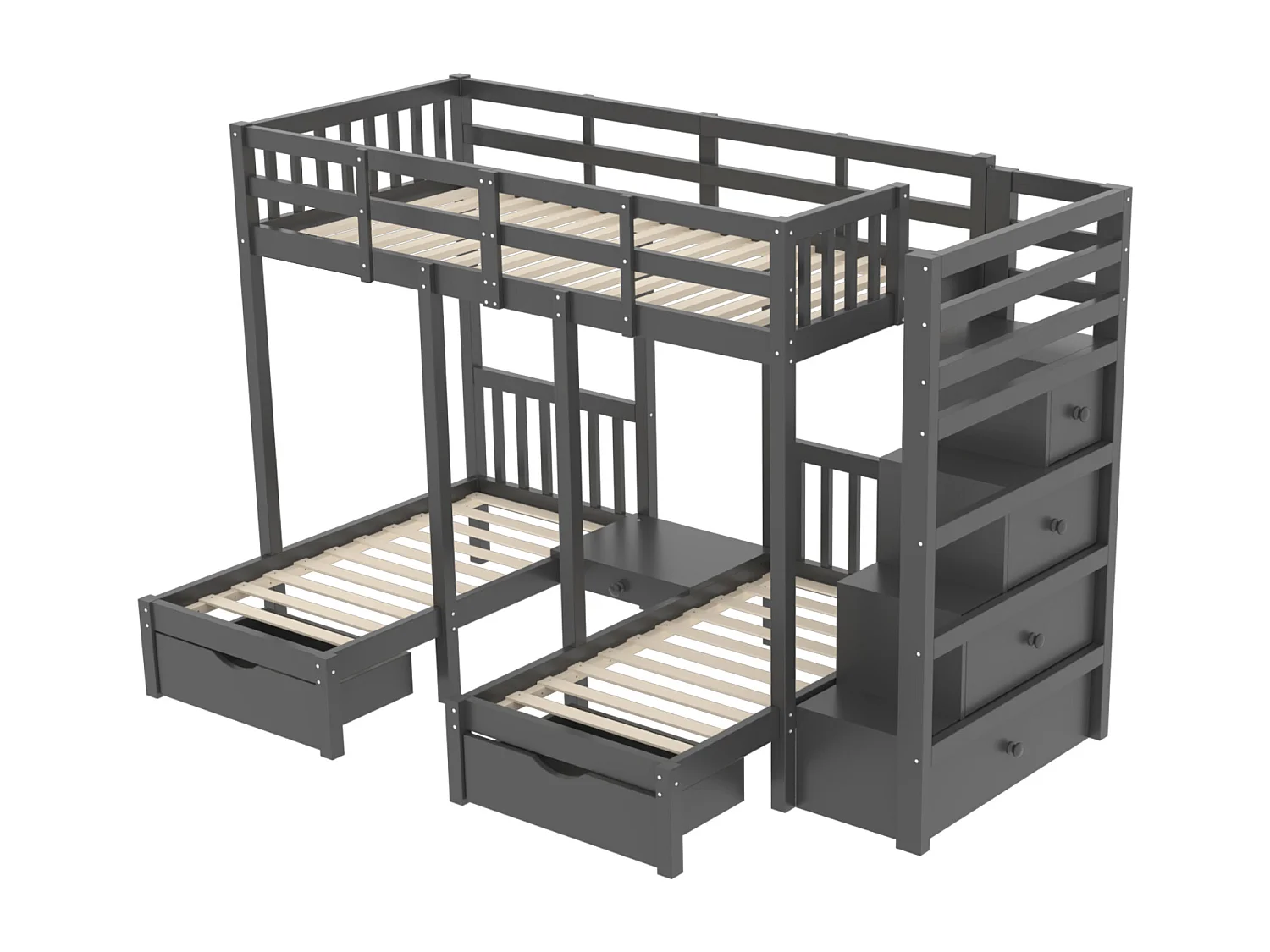 Driedubbele stapelbedden 90 x 200 cm + 2 x 70 x 140 cm met 5 laden, nachtkastje en trap - Massief hout en MDF - Grijs