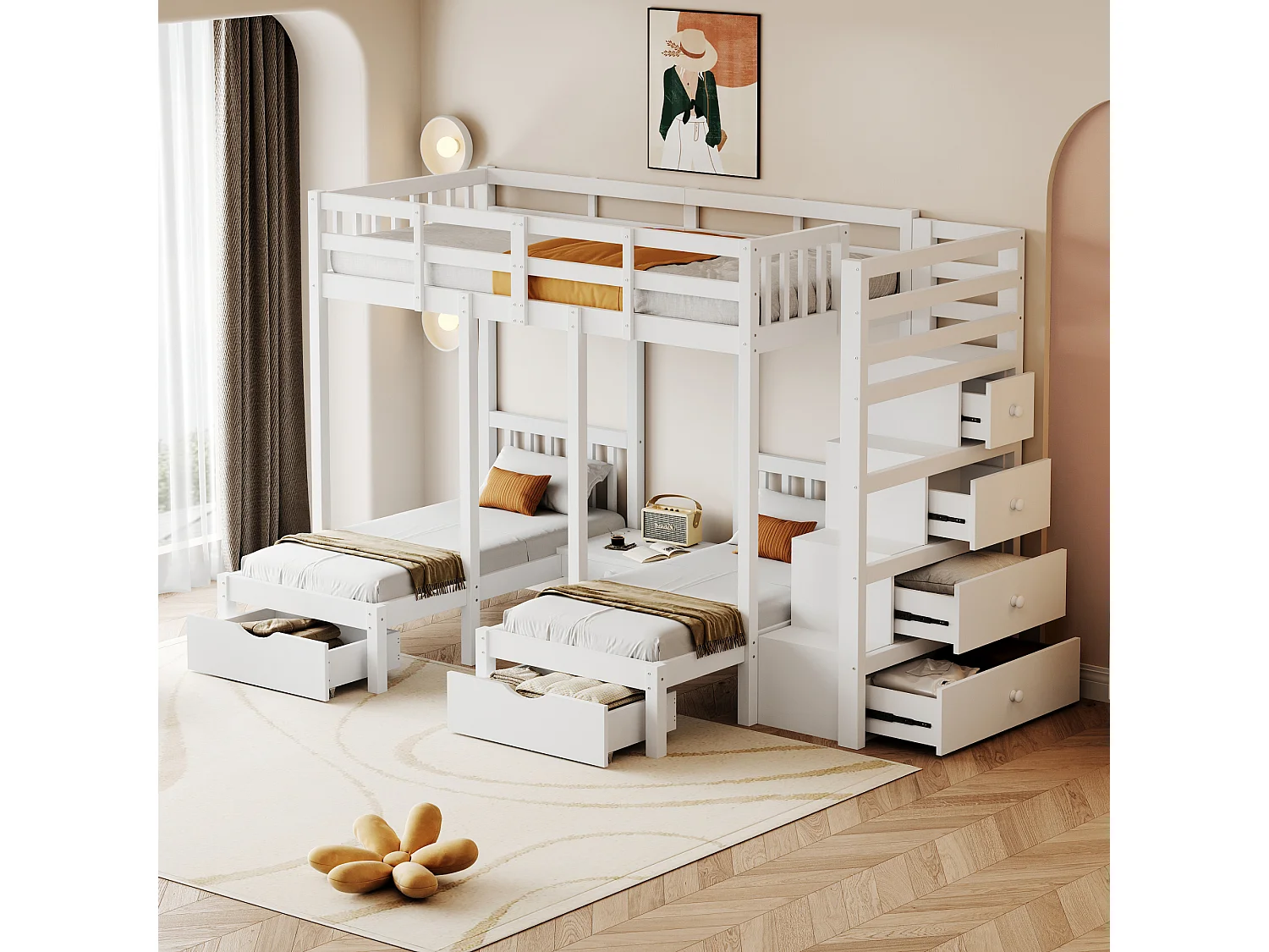 Driedubbele stapelbedden 90 x 200 cm + 2 x 70 x 140 cm met 5 laden, nachtkastje en trap - Massief hout en MDF - Wit