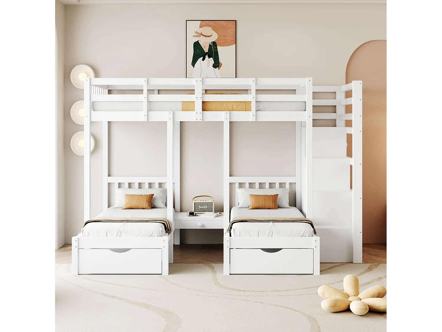 Driedubbele stapelbedden 90 x 200 cm + 2 x 70 x 140 cm met 5 laden, nachtkastje en trap - Massief hout en MDF - Wit