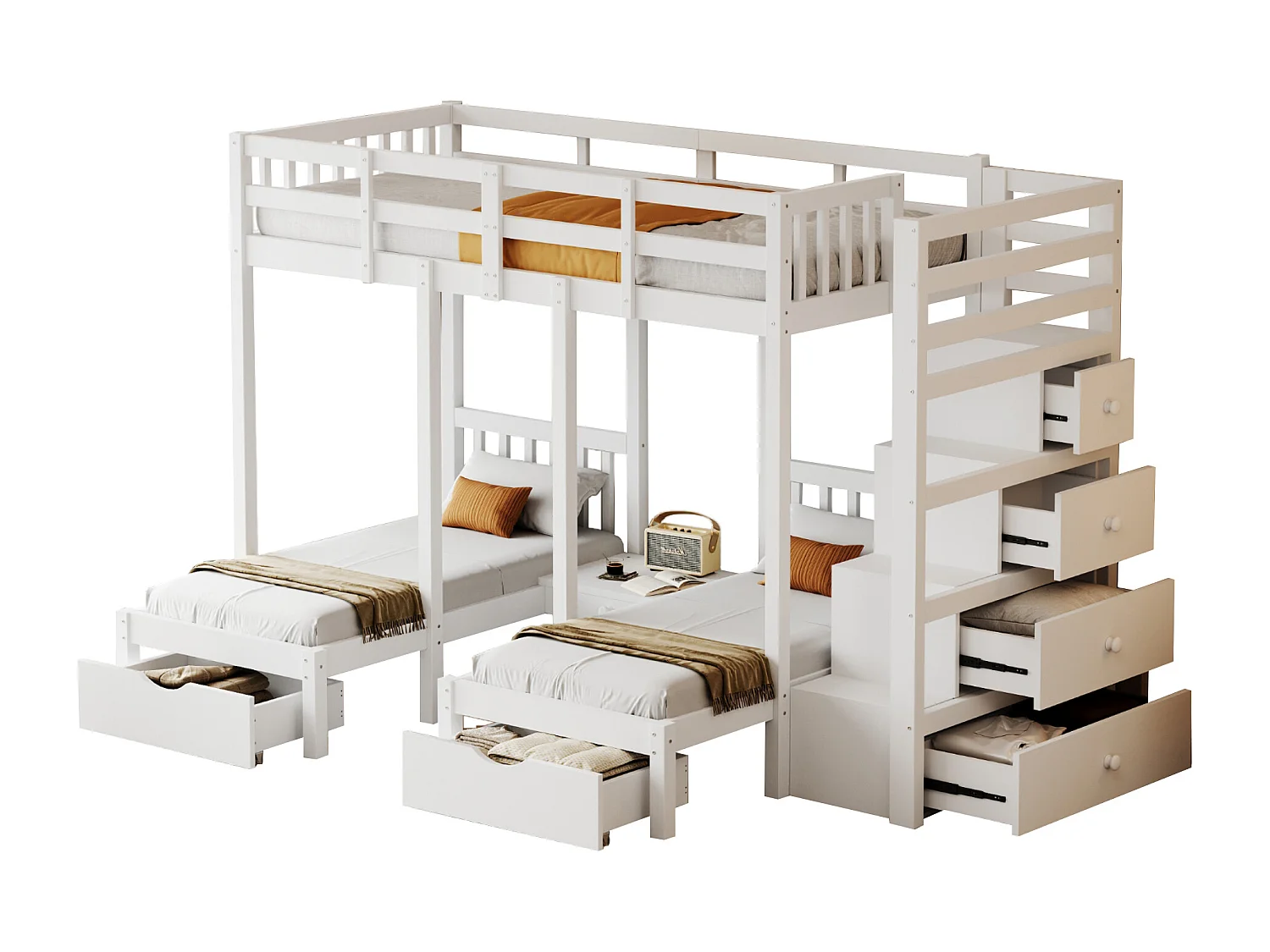 Driedubbele stapelbedden 90 x 200 cm + 2 x 70 x 140 cm met 5 laden, nachtkastje en trap - Massief hout en MDF - Wit