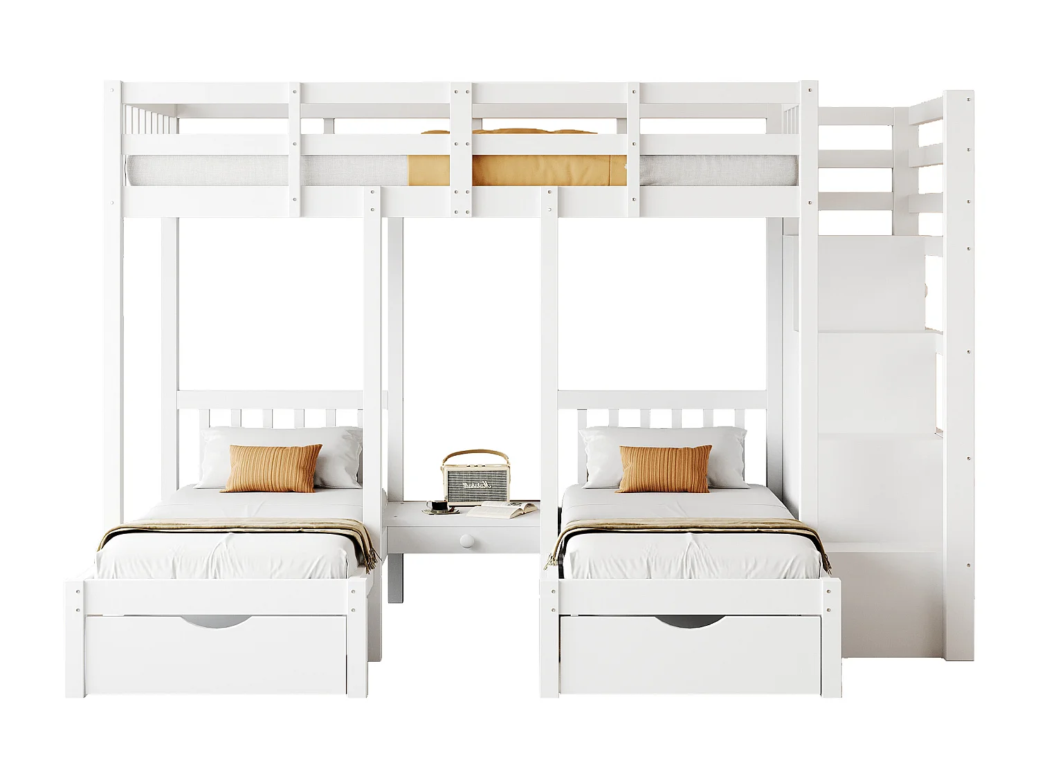 Driedubbele stapelbedden 90 x 200 cm + 2 x 70 x 140 cm met 5 laden, nachtkastje en trap - Massief hout en MDF - Wit