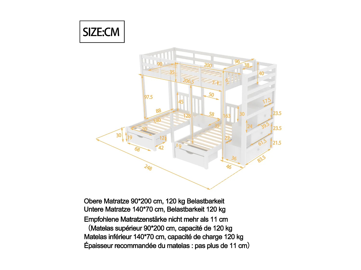 Driedubbele stapelbedden 90 x 200 cm + 2 x 70 x 140 cm met 5 laden, nachtkastje en trap - Massief hout en MDF - Wit