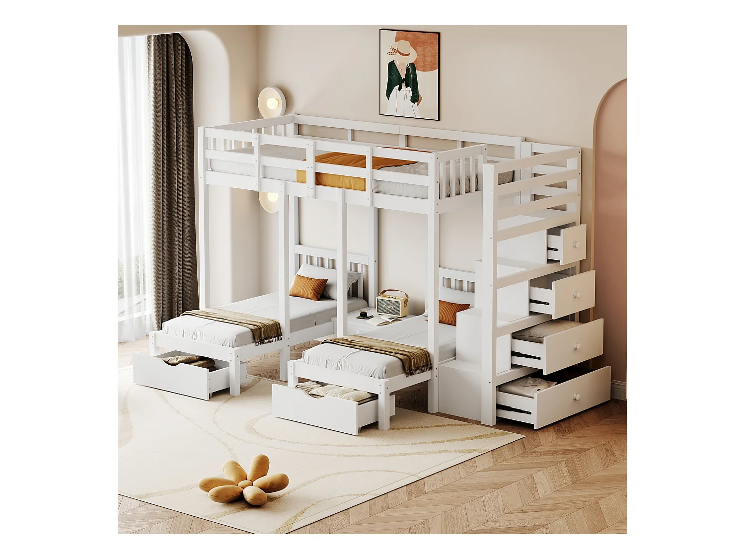 Driedubbele stapelbedden 90 x 200 cm + 2 x 70 x 140 cm met 5 laden, nachtkastje en trap - Massief hout en MDF - Wit