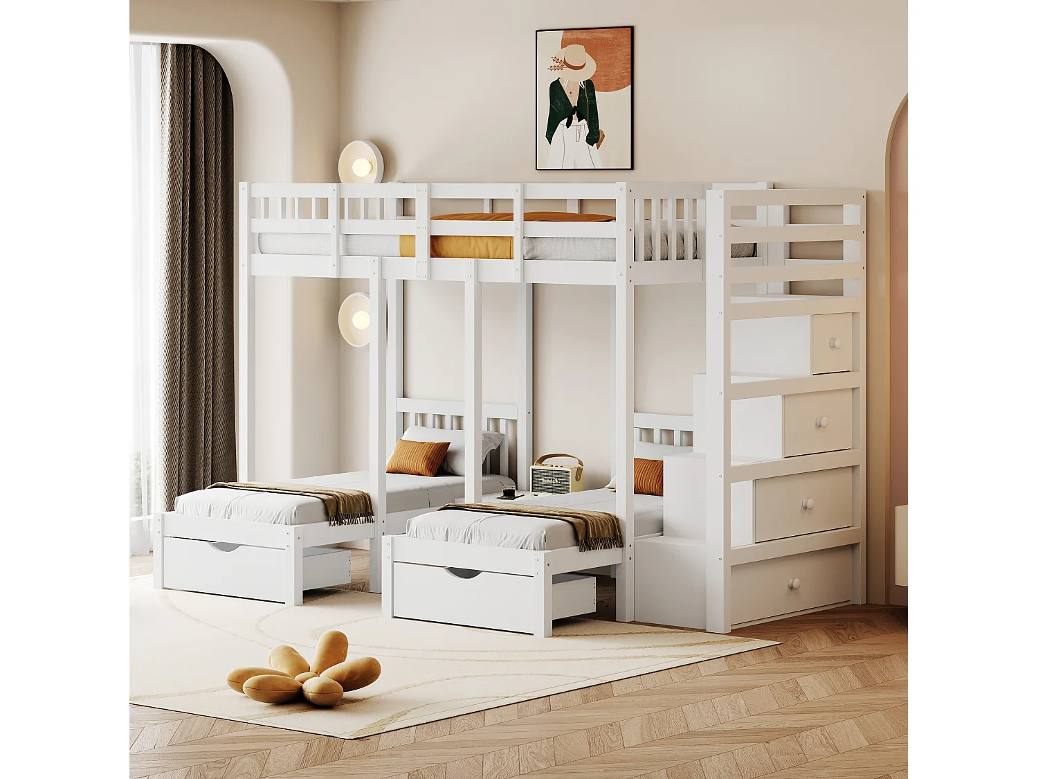 Lits superposés triples 90 x 200 cm + 2 x 70 x 140 cm avec 5 tiroirs, table de chevet et escalier - Bois massif et MDF - Blanc