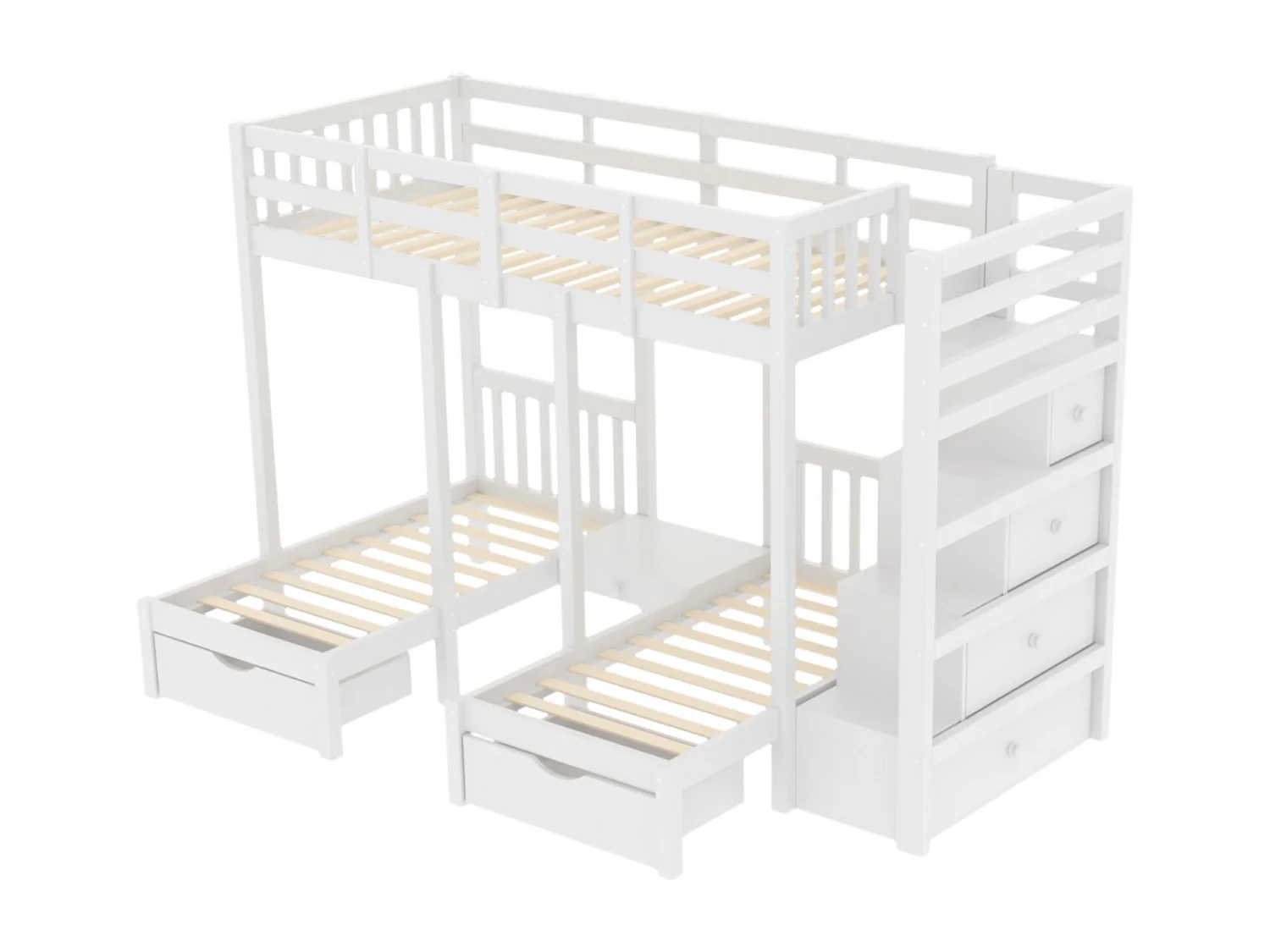 Lits superposés triples 90 x 200 cm + 2 x 70 x 140 cm avec 5 tiroirs, table de chevet et escalier - Bois massif et MDF - Blanc