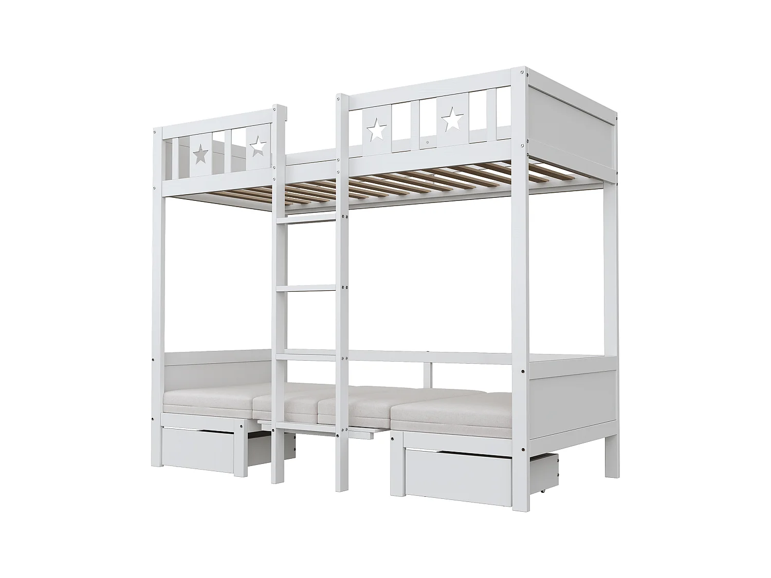Lits superposés 90 x 200 cm avec 2 tiroirs et 4 coussins - lit/bureau 2 en 1 - bois MDF - Blanc