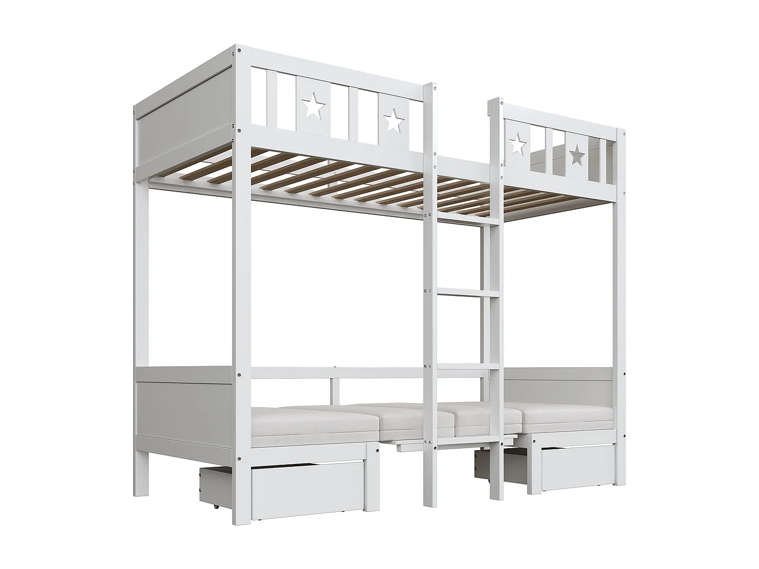 Łóżko piętrowe 90 x 200 cm z 2 szufladami i 4 poduszkami - 2 w 1 łóżko/biurko - drewno MDF - białe