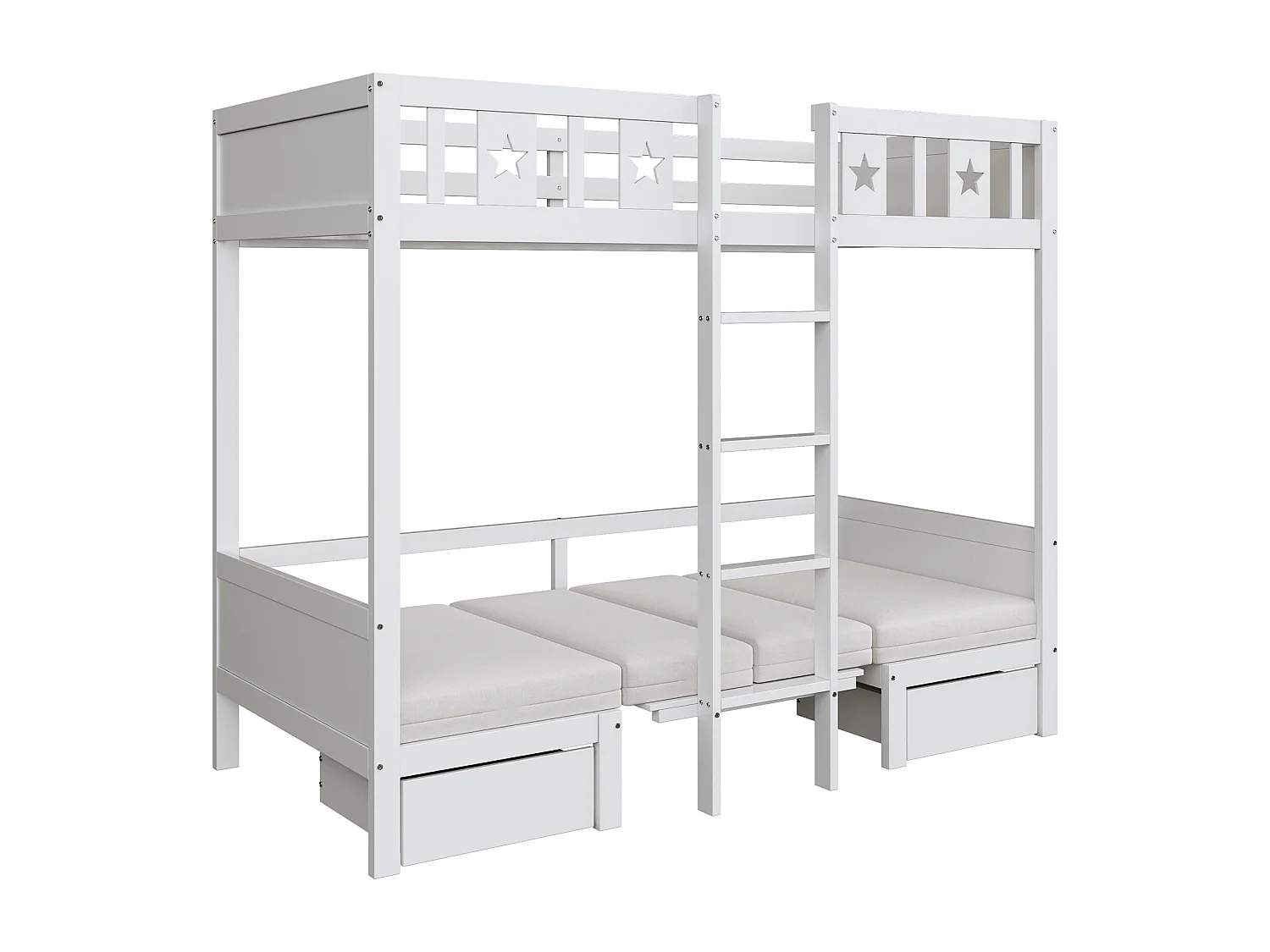 Łóżko piętrowe 90 x 200 cm z 2 szufladami i 4 poduszkami - 2 w 1 łóżko/biurko - drewno MDF - białe