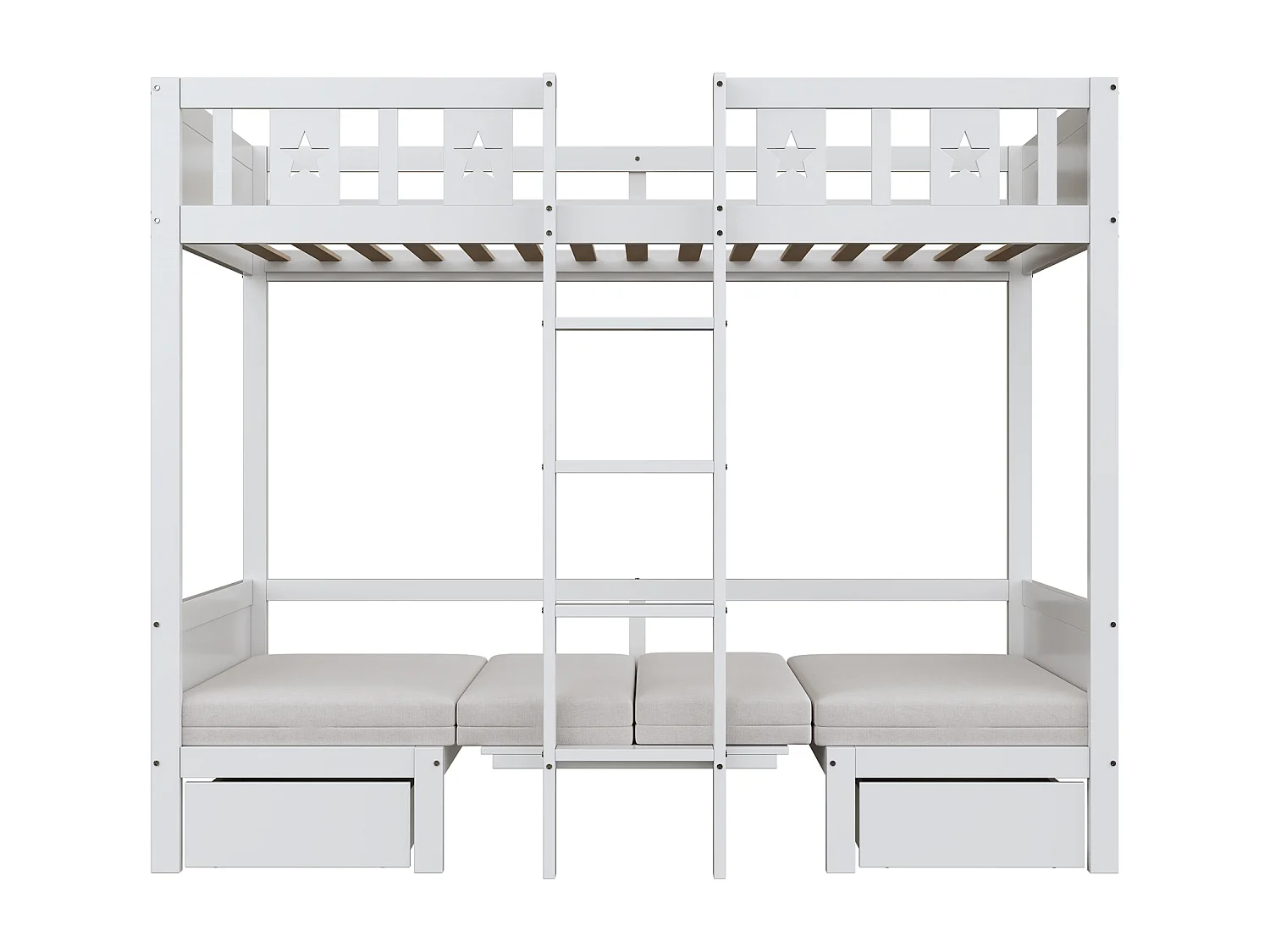 Łóżko piętrowe 90 x 200 cm z 2 szufladami i 4 poduszkami - 2 w 1 łóżko/biurko - drewno MDF - białe