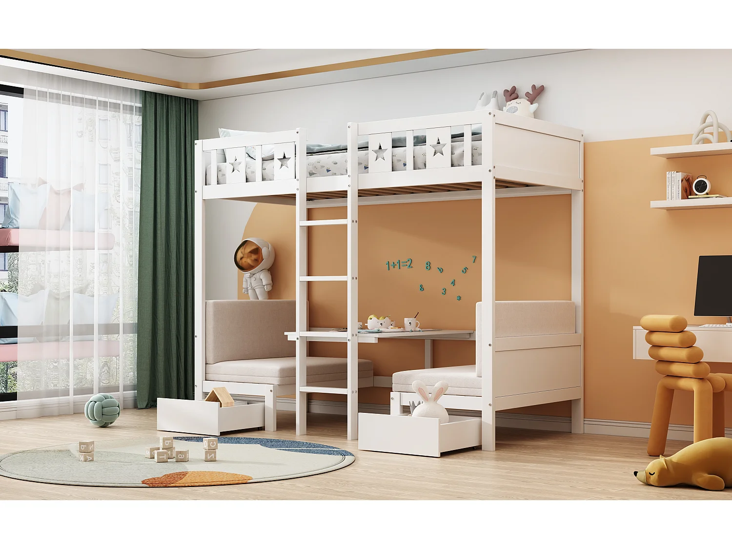 Łóżko piętrowe 90 x 200 cm z 2 szufladami i 4 poduszkami - 2 w 1 łóżko/biurko - drewno MDF - białe