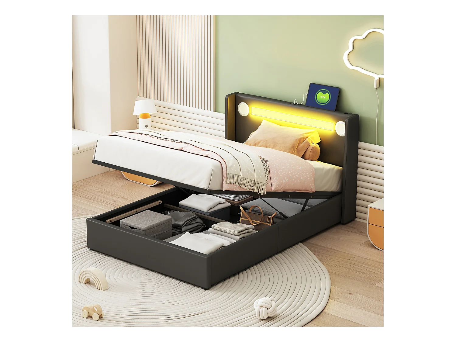 Lit coffre 90 x 200 cm avec tête de lit - LEDs, lecteur Bluetooth et Prise USB - cuir PU - Noir