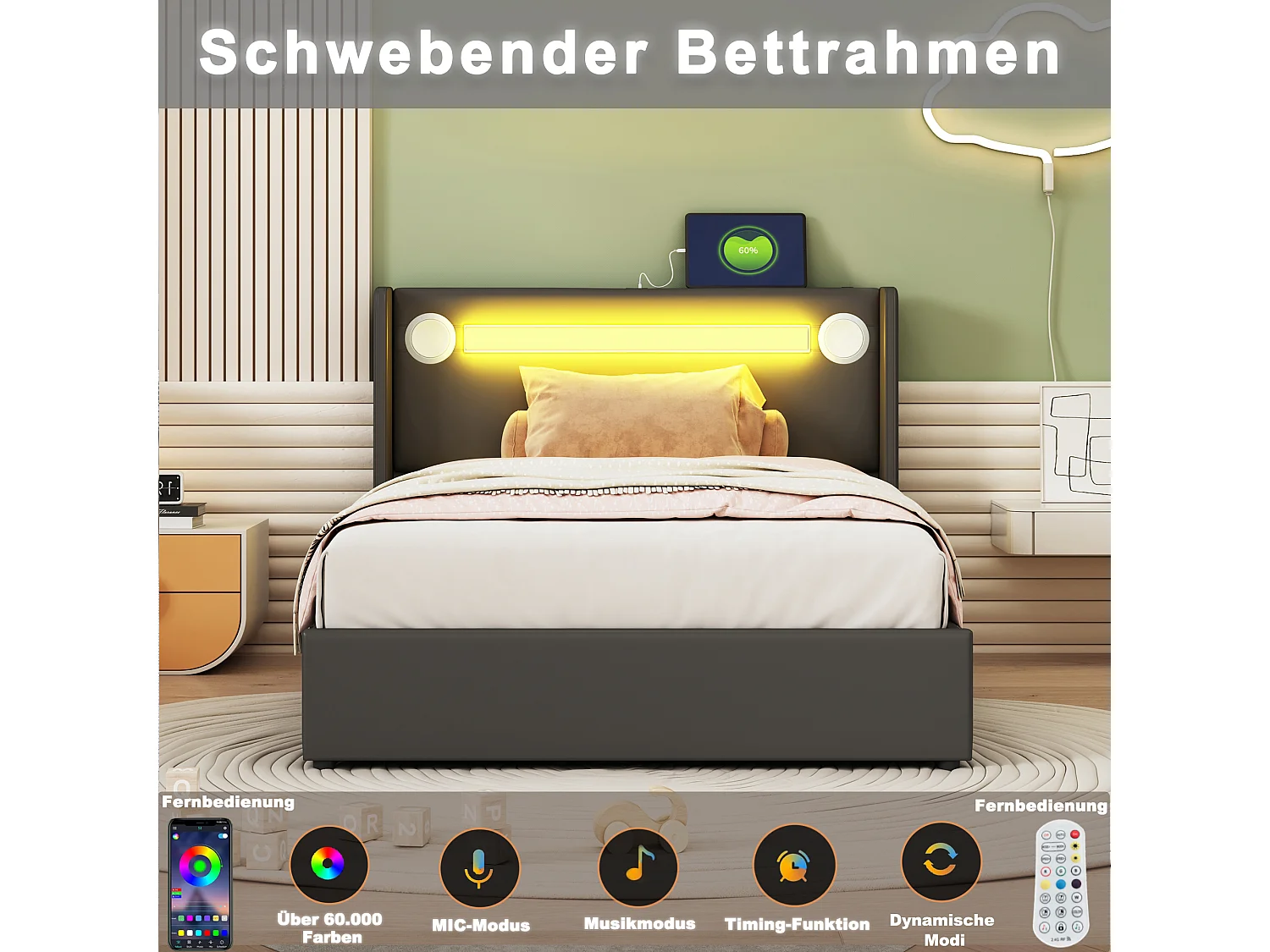 Lit coffre 90 x 200 cm avec tête de lit - LEDs, lecteur Bluetooth et Prise USB - cuir PU - Noir