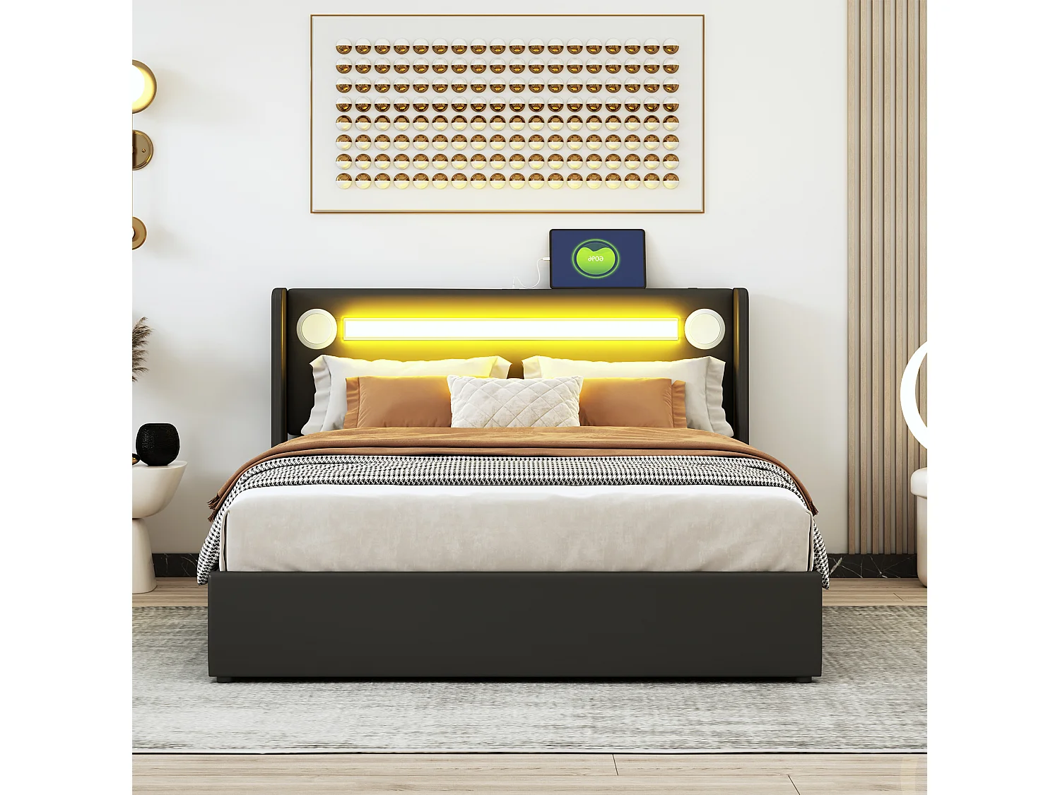 Lit coffre 140 x 200 cm avec tête de lit - LEDs, lecteur Bluetooth et Prise USB - cuir PU - Noir