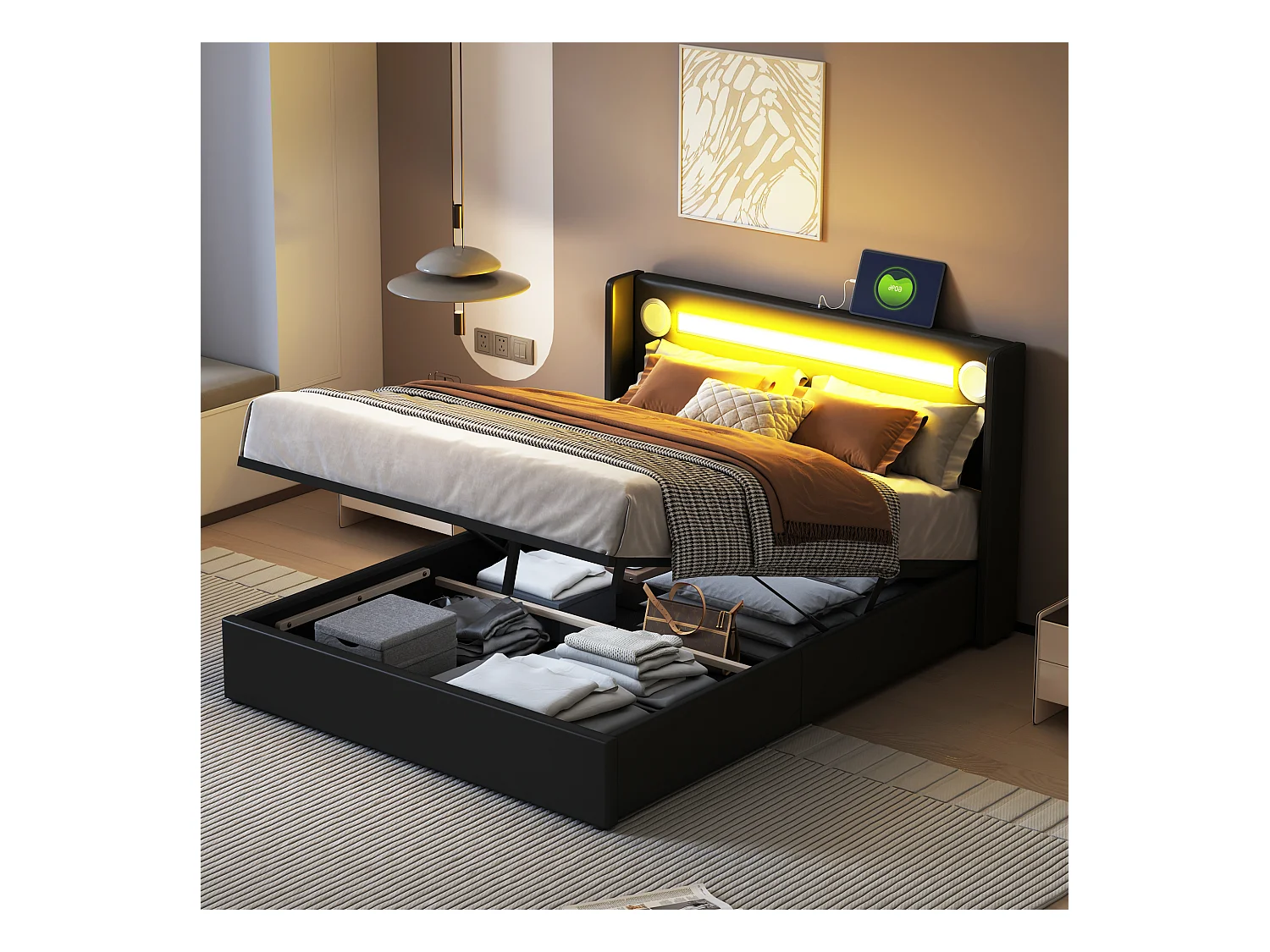 Lit coffre 140 x 200 cm avec tête de lit - LEDs, lecteur Bluetooth et Prise USB - cuir PU - Noir