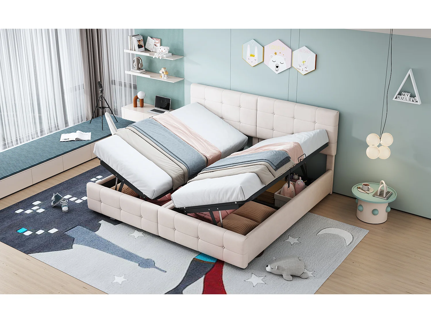 Cama contenedor 180 x 200 cm con cabecero - terciopelo - somier - beige