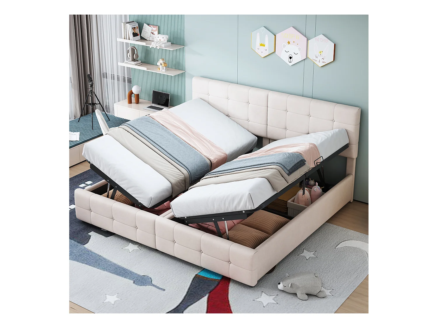 Lit coffre 180 x 200 cm avec tête de lit - velours - sommier à lattes - beige