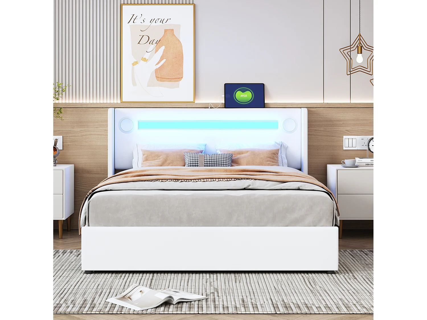 Opbergbed 140 x 200 cm met hoofdeinde - LED's, Bluetooth-speler en USB-aansluiting - PU leer - Wit