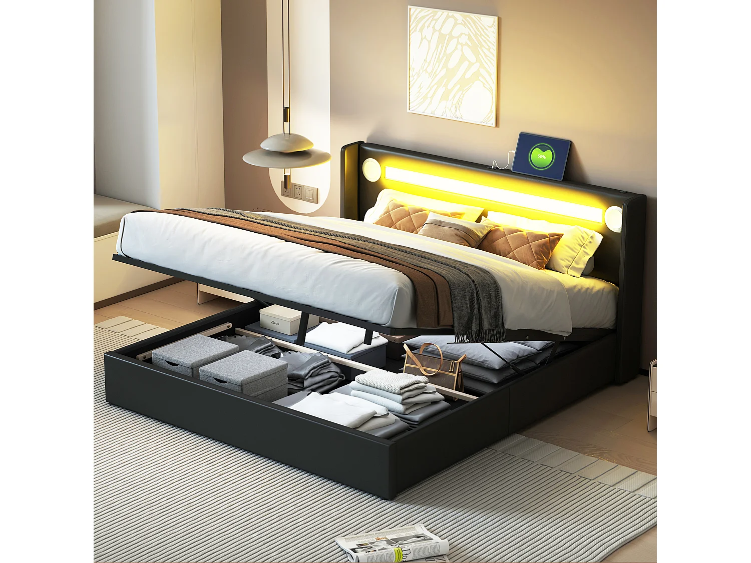 Cama contenedor 160 x 200 cm con cabecero - LED, reproductor Bluetooth y toma USB - Cuero PU - Negro