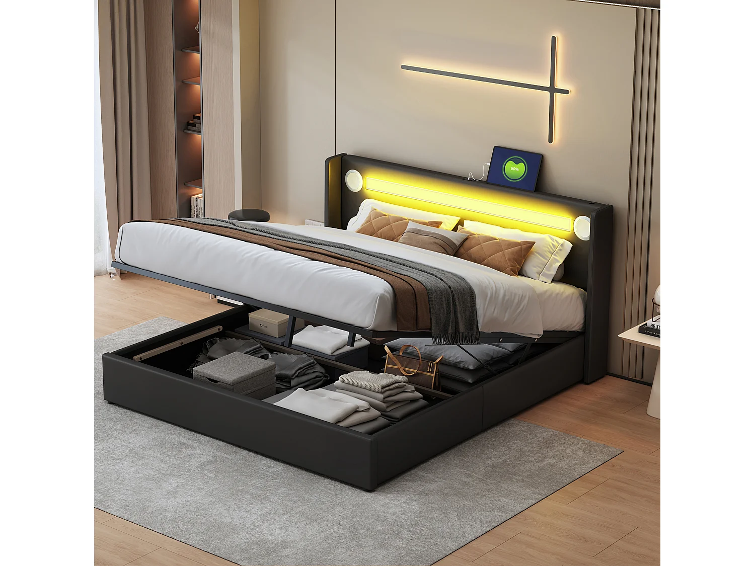 Cama contenedor 160 x 200 cm con cabecero - LED, reproductor Bluetooth y toma USB - Cuero PU - Negro