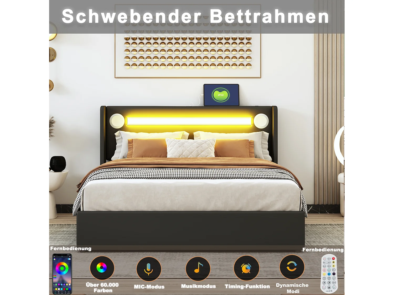 Lit coffre 160 x 200 cm avec tête de lit - LEDs, lecteur Bluetooth et Prise USB - cuir PU - Noir