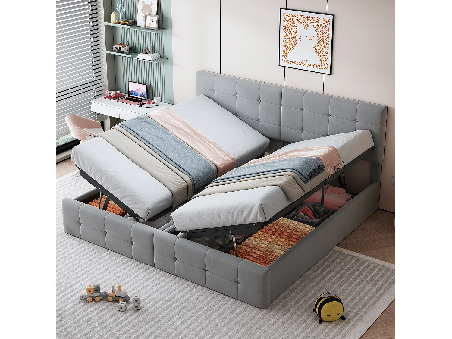 Cama contenedor 180 x 200 cm con cabecero - terciopelo - somier - gris