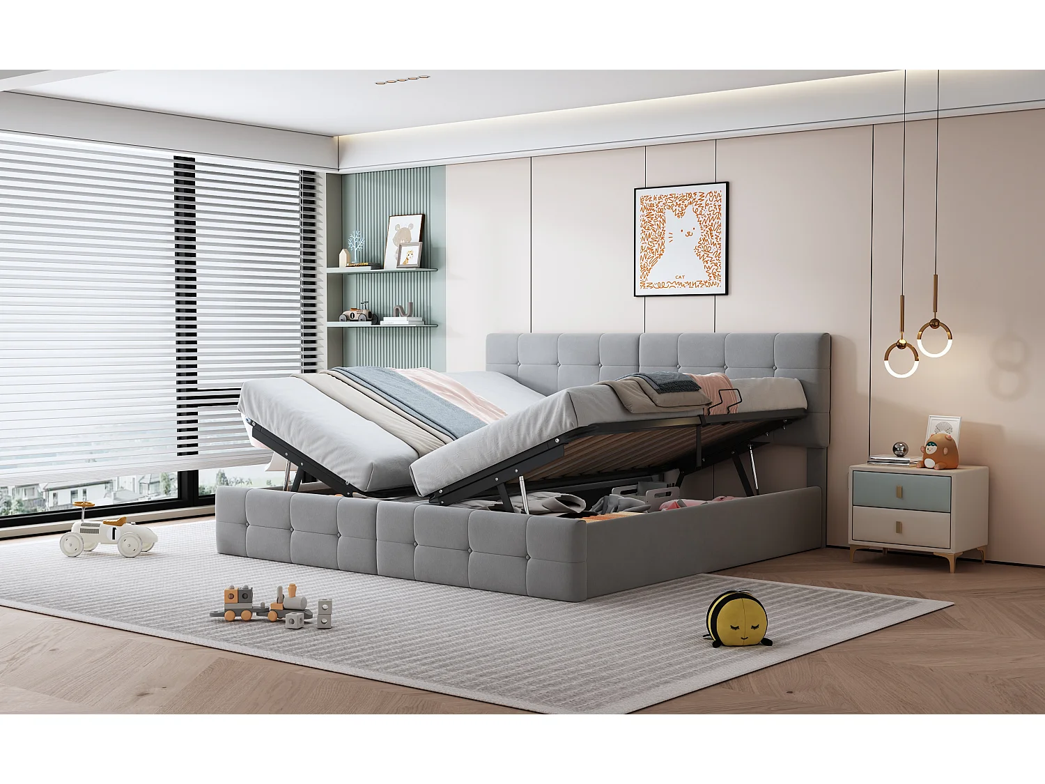 Cama contenedor 180 x 200 cm con cabecero - terciopelo - somier - gris