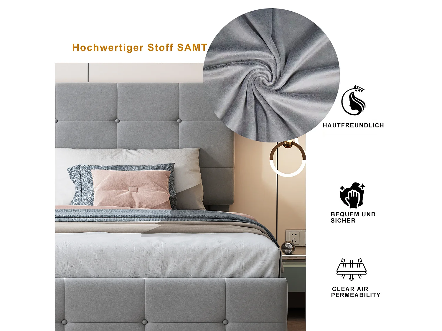 Cama contenedor 180 x 200 cm con cabecero - terciopelo - somier - gris