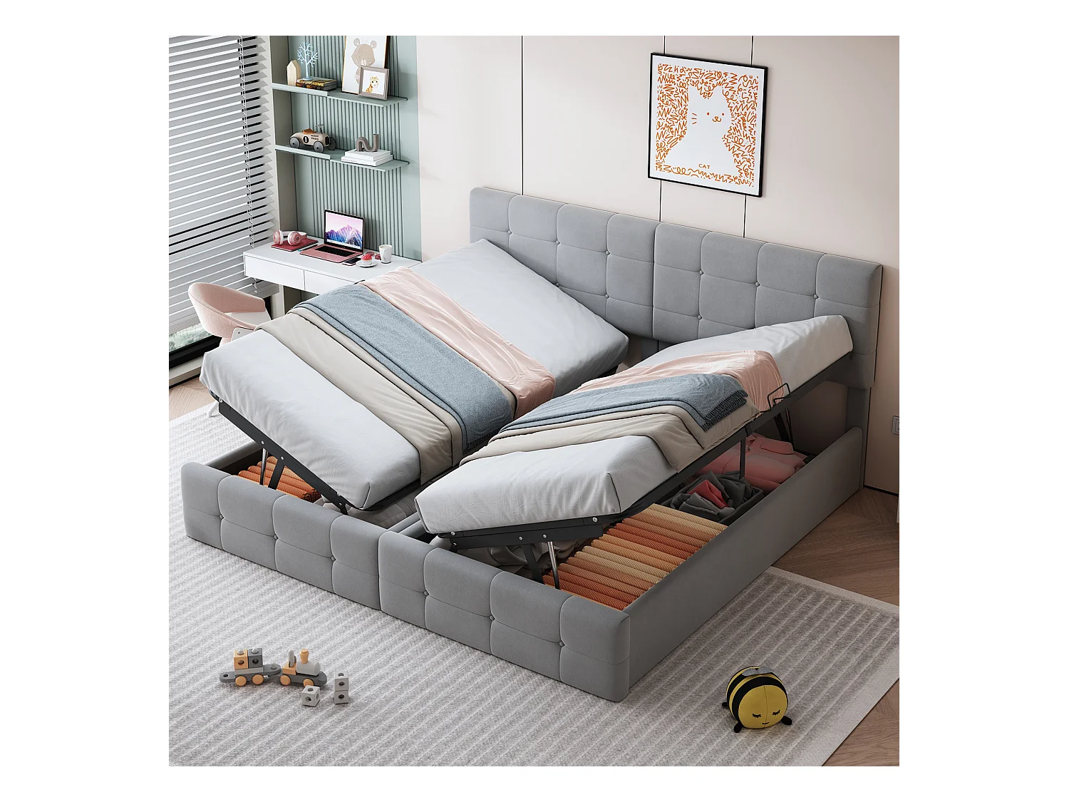 Lit coffre 180 x 200 cm avec tête de lit - velours - sommier à lattes - gris